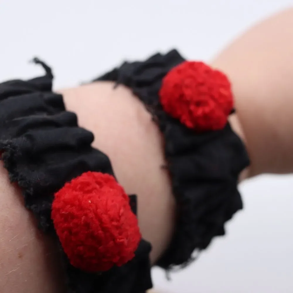 Vintage Black Ruffle Cuffs with Red Pom Pom Trim Elastic Accessories - Picture 3 of 7